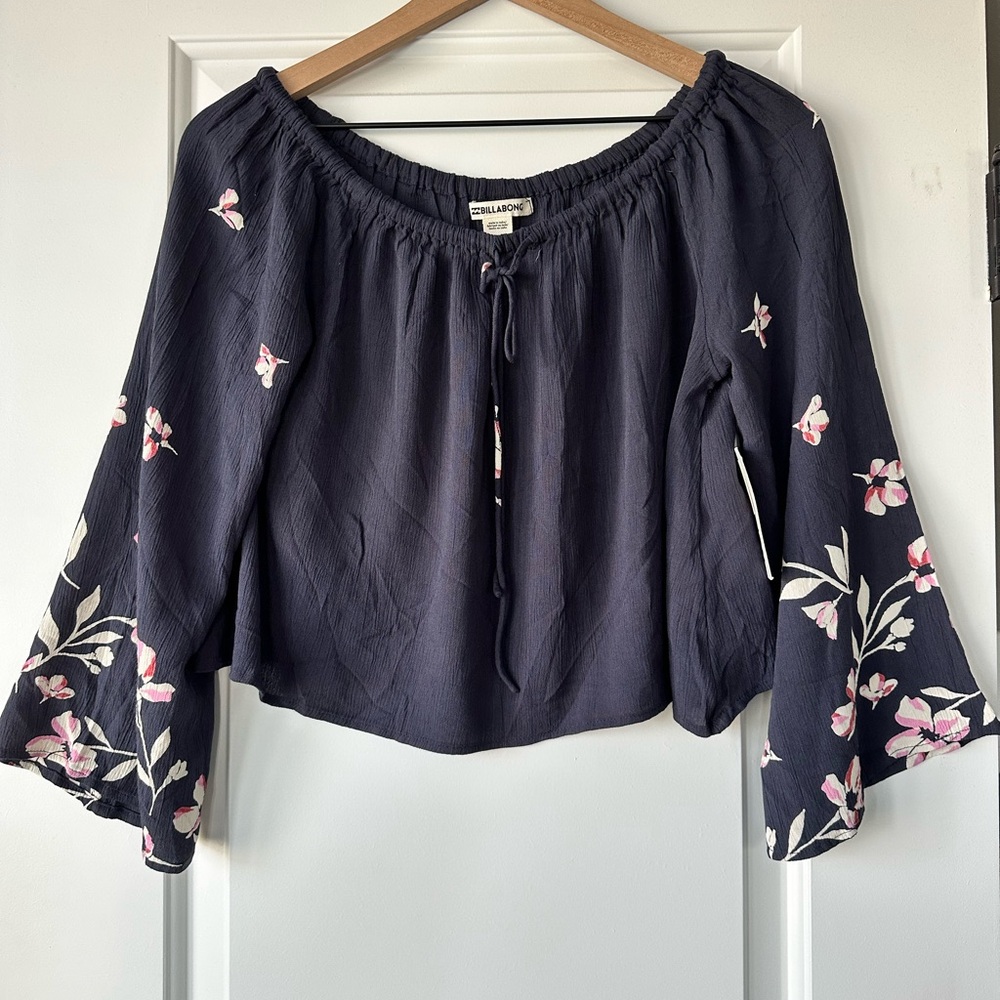Billabong Navy Off-Shoulder Floral Tie-Front Blouse